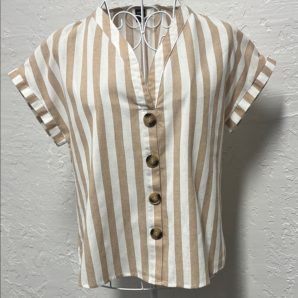 SHEIN White and Tan Cuffed Stripes Short Sleeve Button Down Shirt